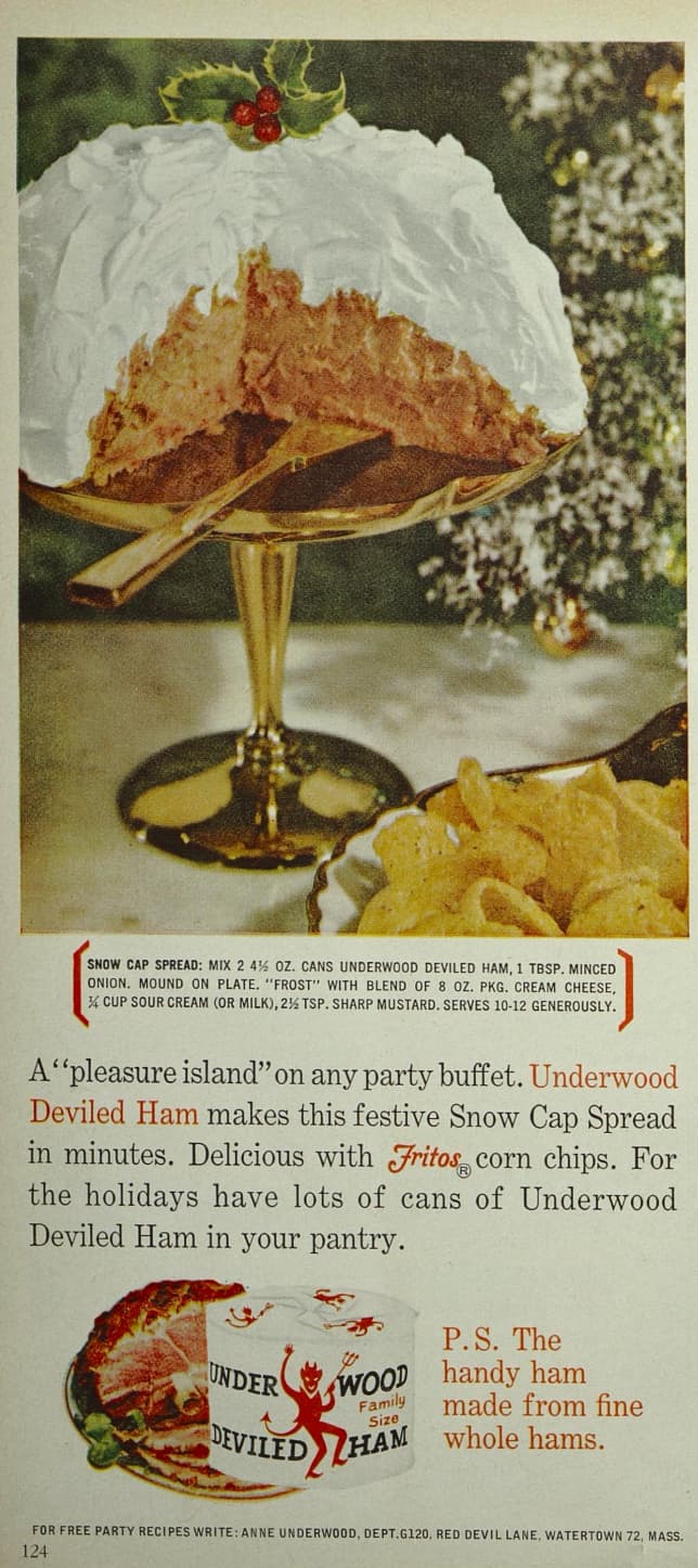 Snow Cap Spread Mix 2 4% Oz. Cans Underwood Deviled Ham, 1 Tbsp. Minced Onion. Mound On Plate. "Frost" With Blend Of 8 Oz. Pkg. Cream Cheese, Cup Sour Cream Or Milk, 2 Tsp. Sharp Mustard. Serves 1012 Generously. A "pleasure island" on any party buffet.…